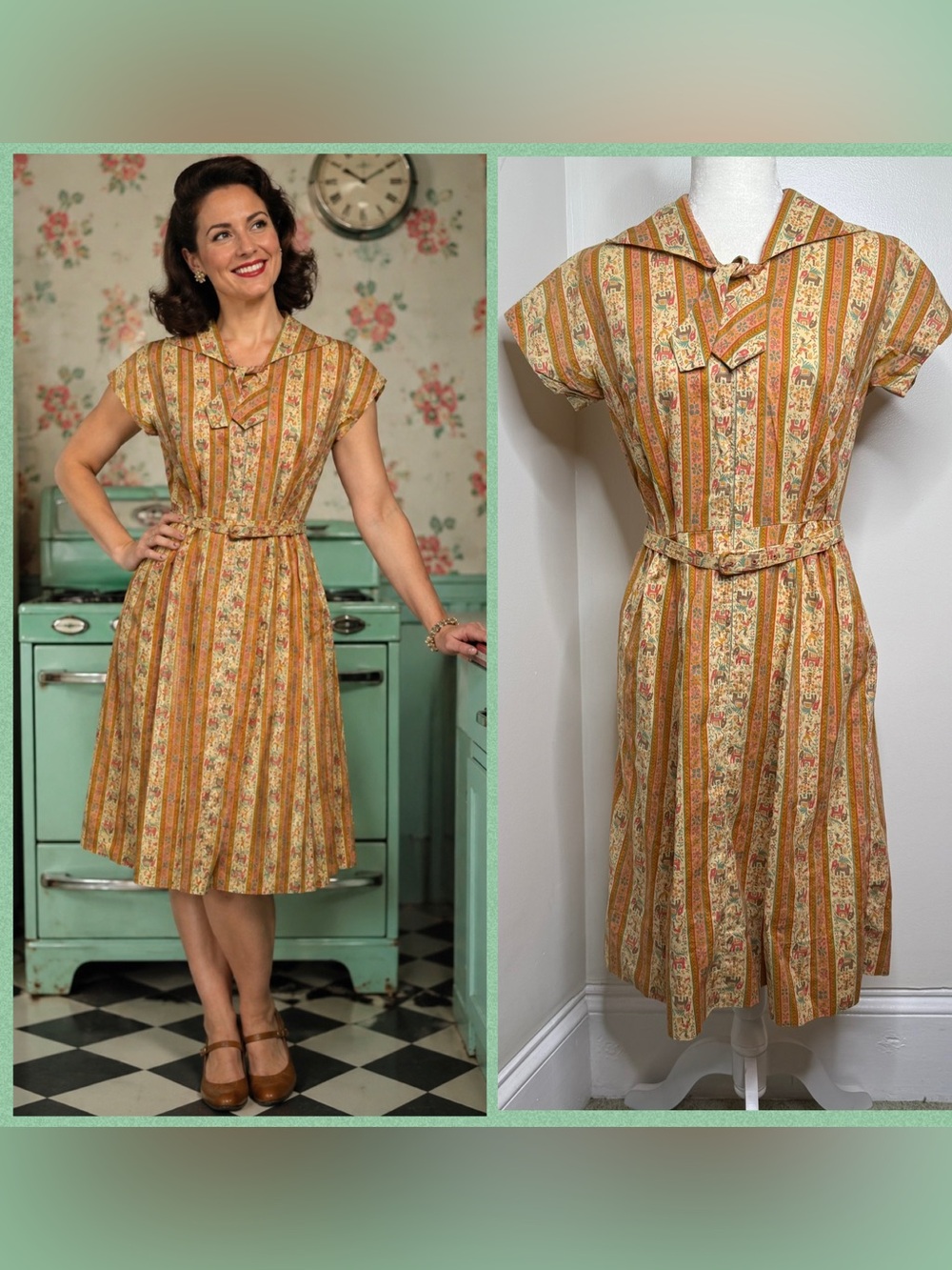 Vintage 50s Don-about Midi Dress Elephant Novelty Print W/ Belt MCM No SZ TAG